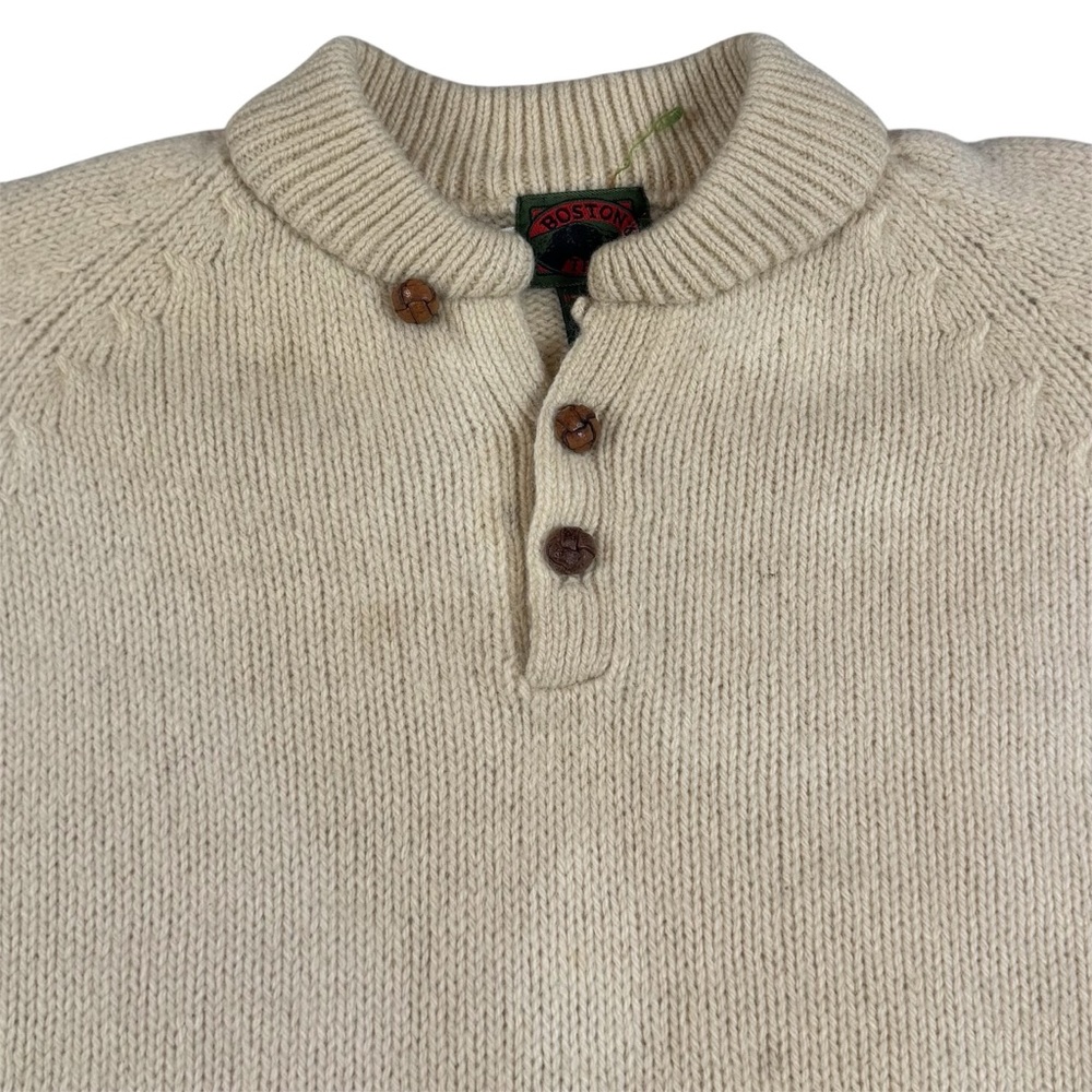Vintage 90s Boston Traders Henley Wool Sweater Preppy Button Cream Men’s Size XL